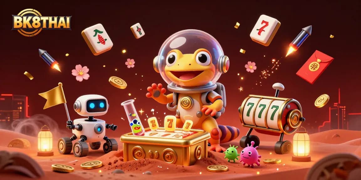 Engage with BK8THAI's vibrant casino scene featuring a Martian gecko amidst floating slots and fireworks.