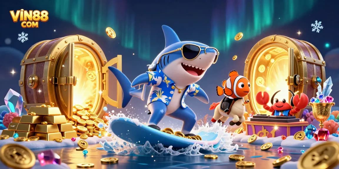 Experience winning excitement at VIN88 COM with a vibrant 3D illustration of a shark enjoying a golden treasure wave.