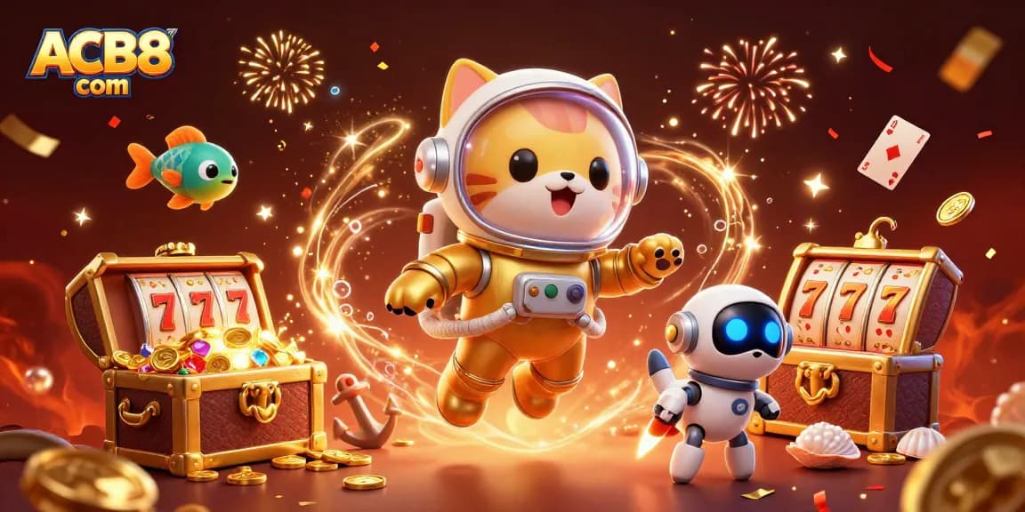 Experience thrilling gaming with slots and jackpots at ACB8 com in a vibrant 3D cartoon casino scene.