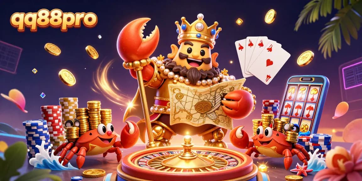 Experience thrilling gaming with qq88pro's golden crab emperor amidst treasure and dynamic casino elements.
