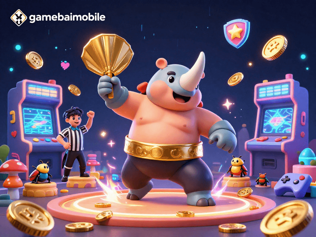 Join the fun at gamebaimobile as the sumo champion beetle stomps coins in a vibrant casino.