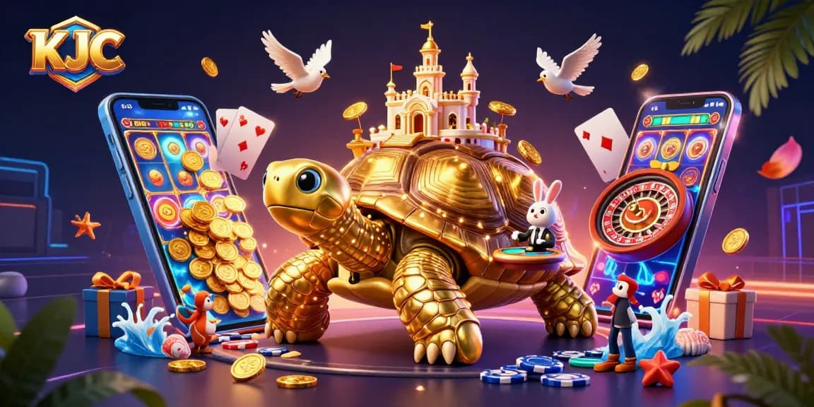 KJC offers dynamic gaming experiences with a vibrant 3D casino featuring a golden tortoise and a rabbit dealer.