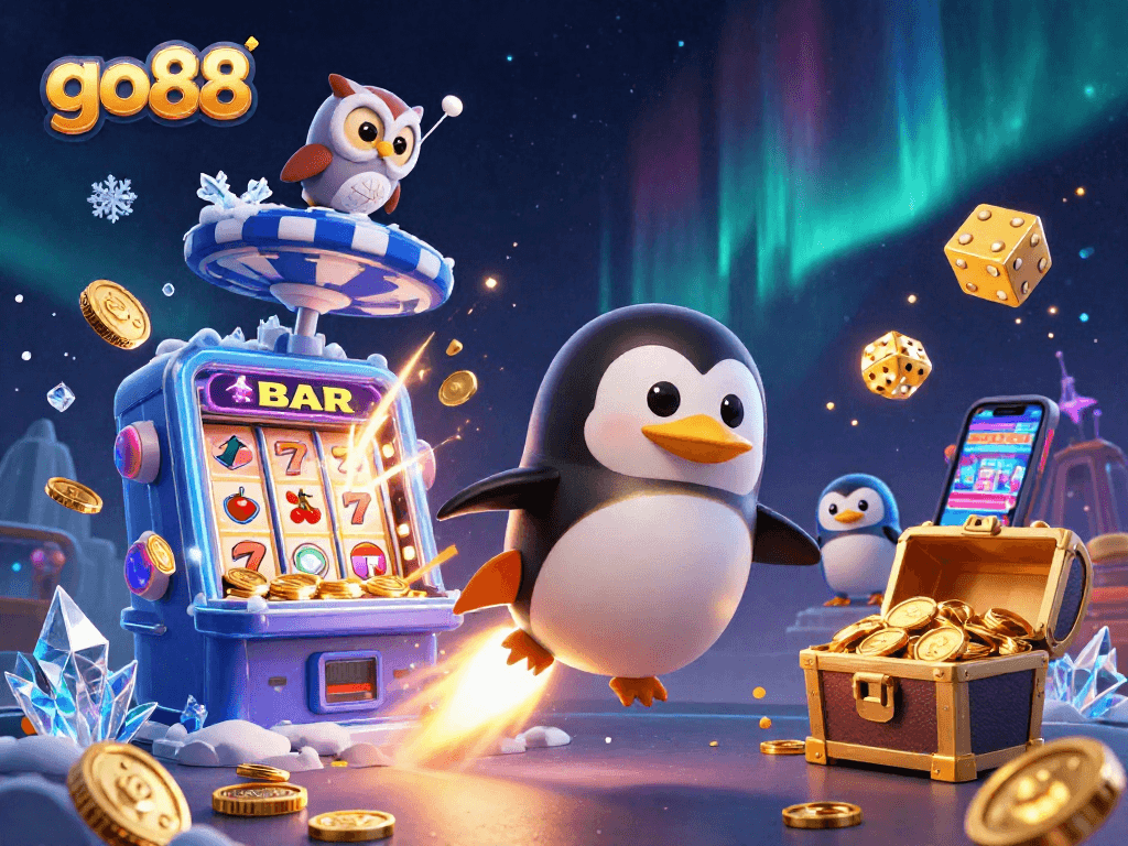 Experience the excitement of go88 with a golden penguin racing towards a jackpot explosion in this vibrant casino scene.