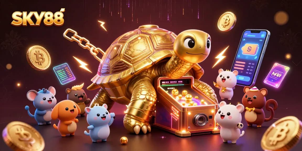 Experience the thrill of SKY88 with a vibrant 3D casino scene full of animated characters.