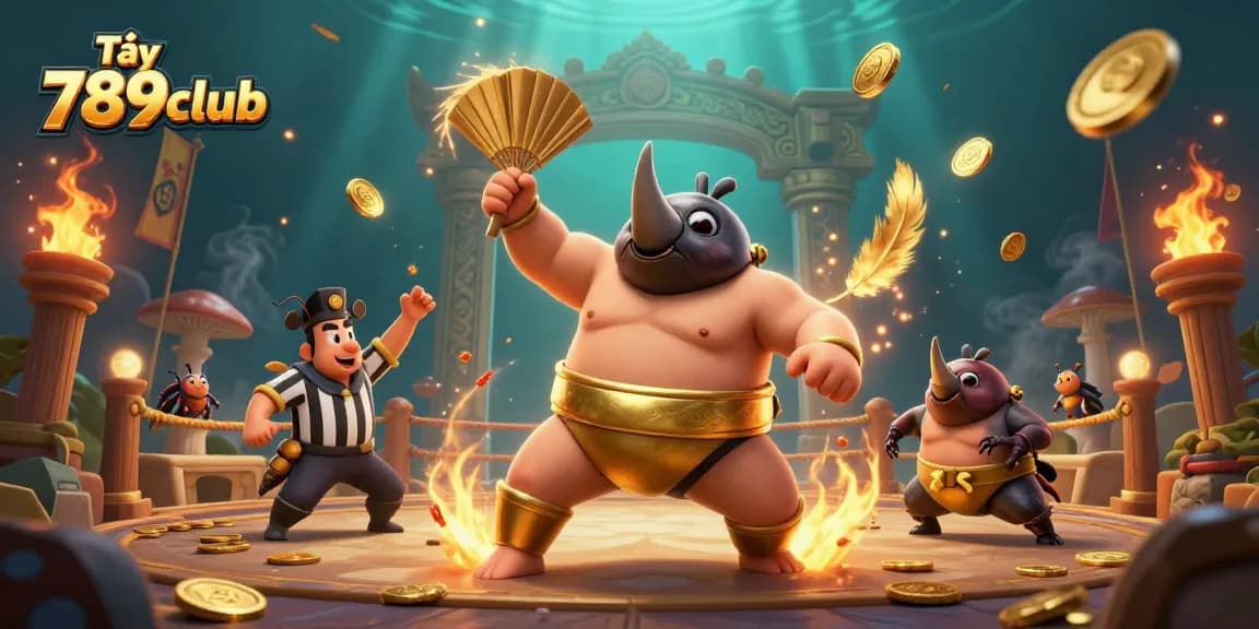 Tải 789club with a striking 3D illustration showcasing a rhinoceros beetle champion amidst a gambling arena.