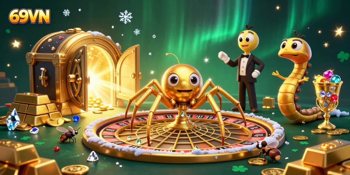 Experience thrilling casino action at 69VN with a unique illustration of a spider spinning a roulette web.