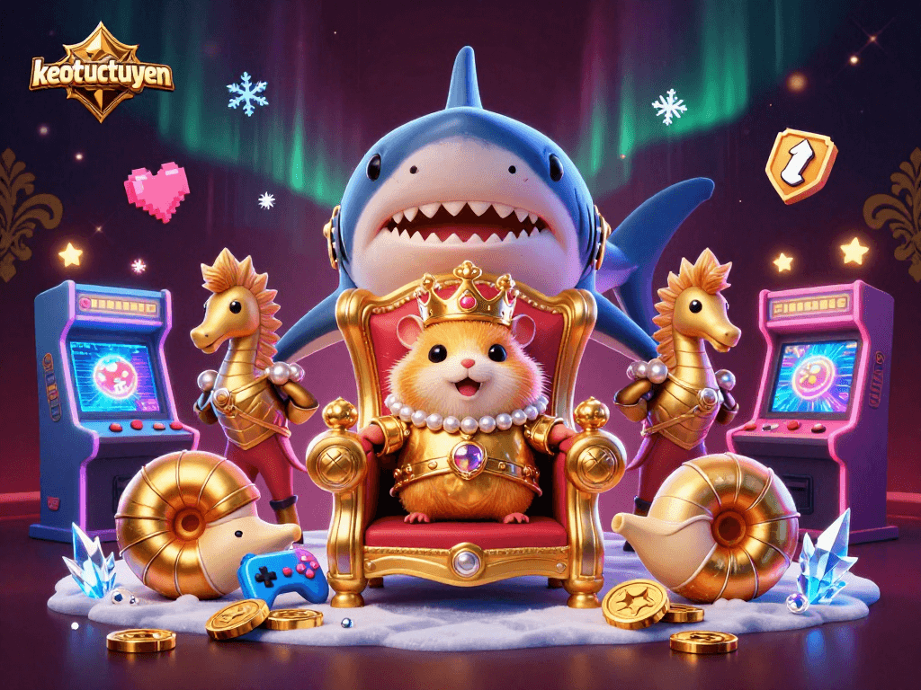 Engage in keotructuyen with a dynamic scene of a regal hamster king amidst vibrant gaming elements.