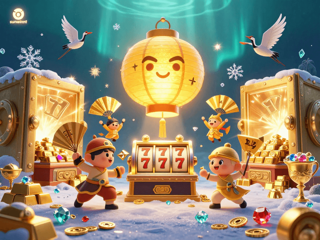 Experience thrilling jackpots at sunwinnt with vibrant 3D casino illustration showcasing lucky symbols.