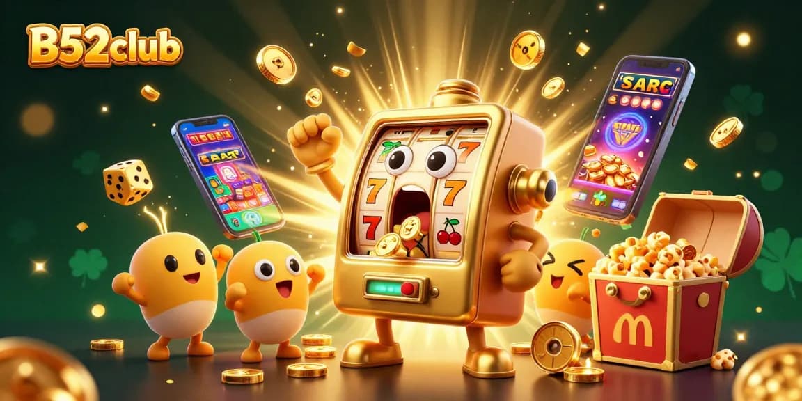 Experience the thrill of B52club winnings with iconic slot machines in a joyful jackpot scene.
