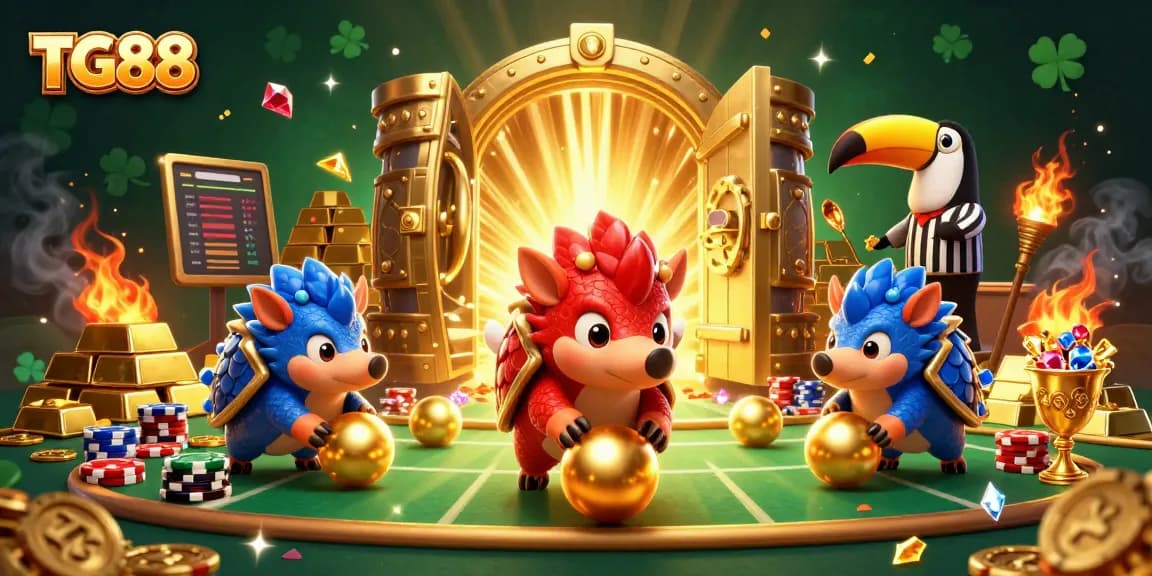 TG88 pangolins bowling through poker chips in a vibrant casino scene featuring treasures.
