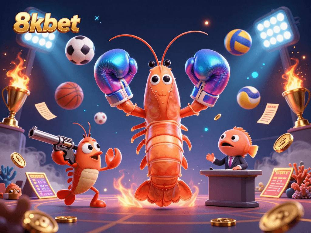 Experience the excitement of betting at 8xbet with dynamic sports-themed elements and vibrant characters.