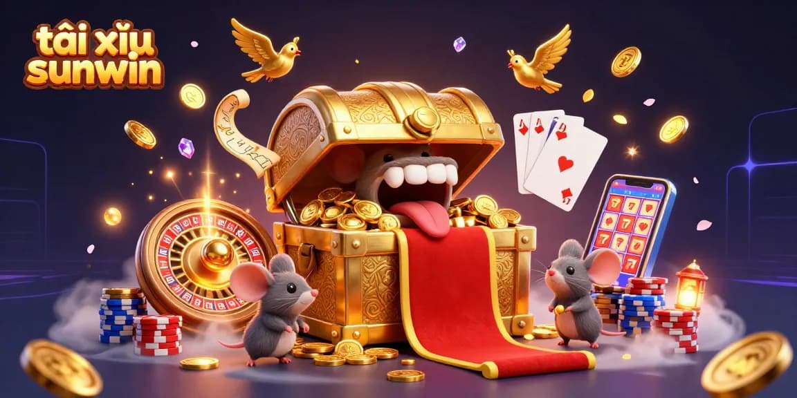 Tài xỉu sunwin game illustrates a treasure chest with golden coins luring adventurers in a vibrant casino setting.
