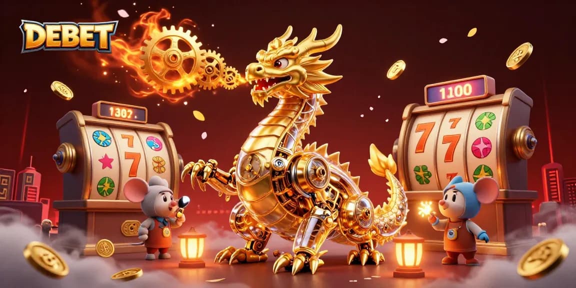 Experience thrilling slots with DEBET as a golden dragon breaths gears and cogs amidst vibrant symbols.