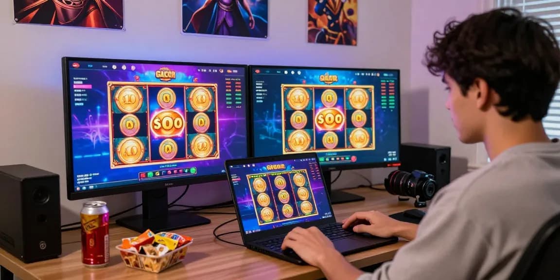 Engaging scene of online slot gacor gameplay, gamer in casual wear focused on thrilling spins and colorful visuals.