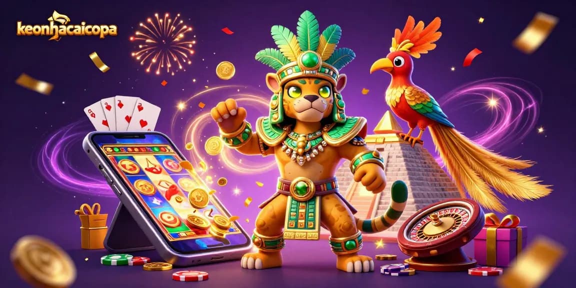 Engage with keonhacaicopa's vibrant gaming scene featuring a Mayan priest and celebratory elements.