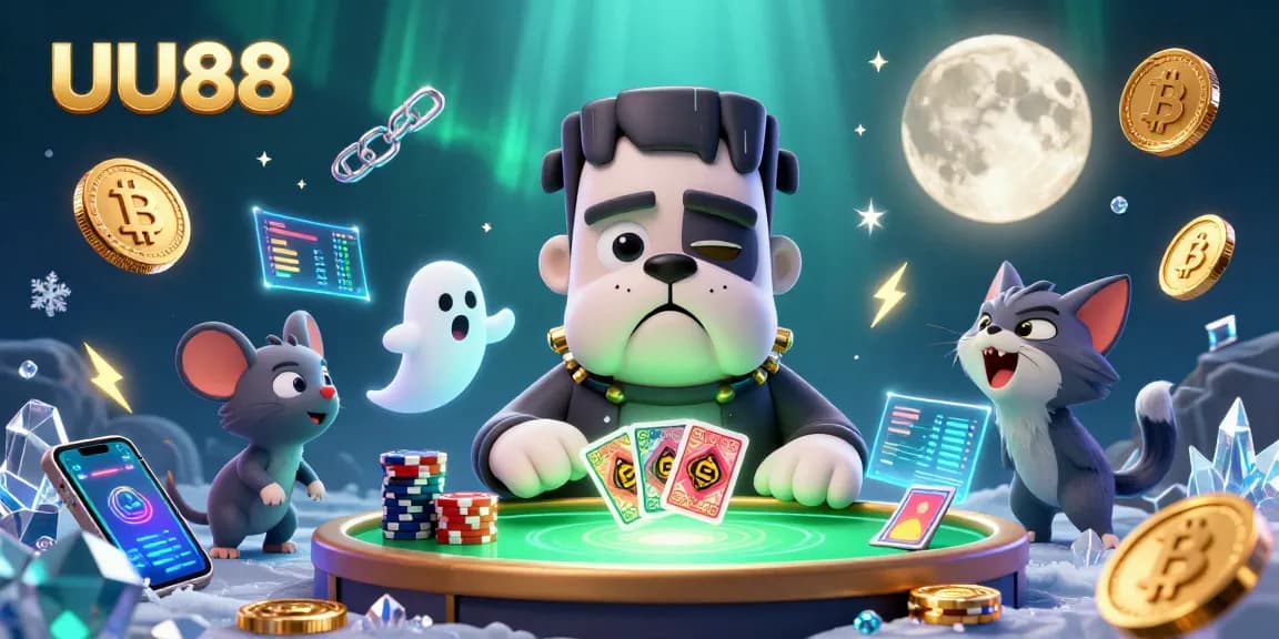 Engage with UU88's thrilling gaming scene featuring a Frankenstein bulldog and spooky elements.