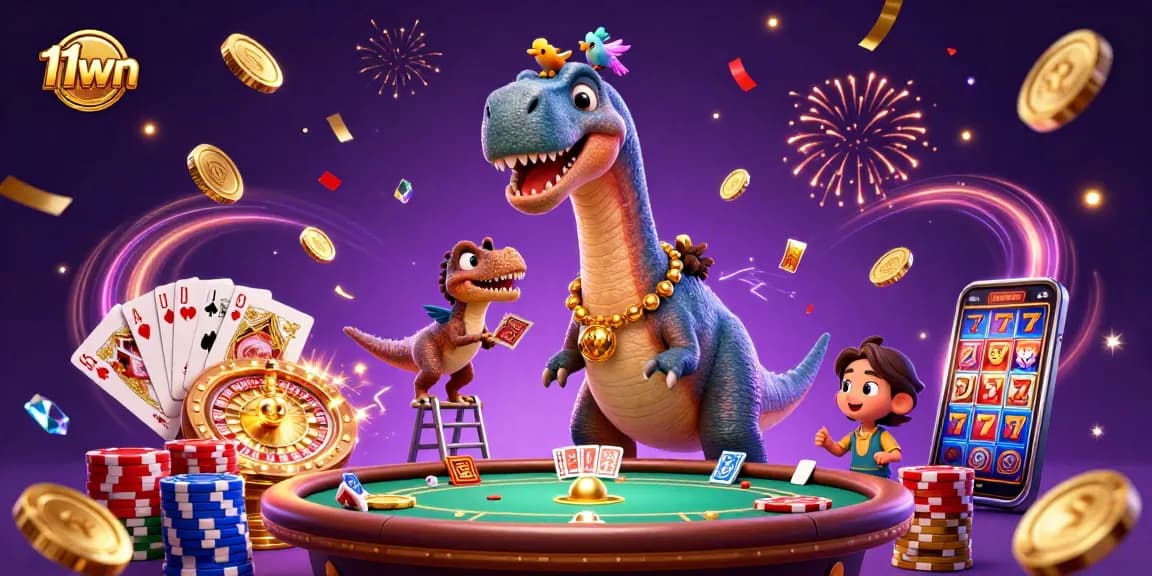 Engage with 11wn's vibrant casino scene featuring a playful brontosaurus and raptor at a poker table.