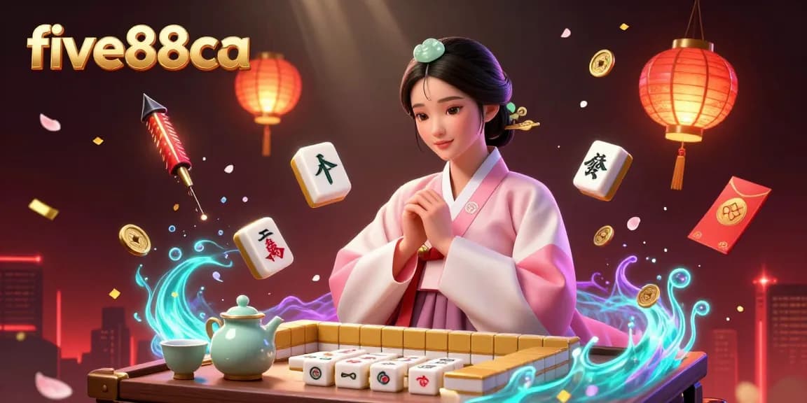 Experience exciting gameplay at five88ca with a captivating 3D illustration of traditional Asian elements and casino games.