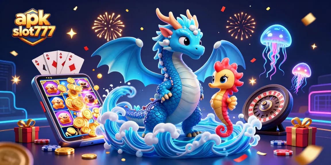 Engage in exciting gameplay with apk slot777 featuring an azure dragon and neon jellyfish.