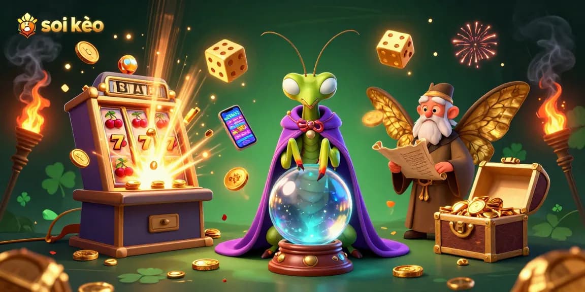 Soi kèo sports betting with a mystical fortune teller, slot machine winning coins, and vibrant casino themes.