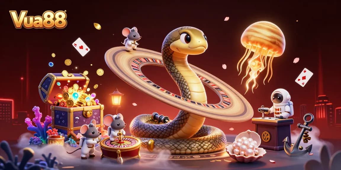 Experience thrilling bets with Vua88 in a vibrant 3D cosmic casino scene filled with playful characters.