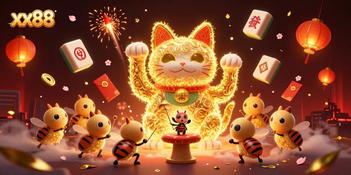 Experience excitement with xx88’s vibrant lucky cat amid lively casino symbols.