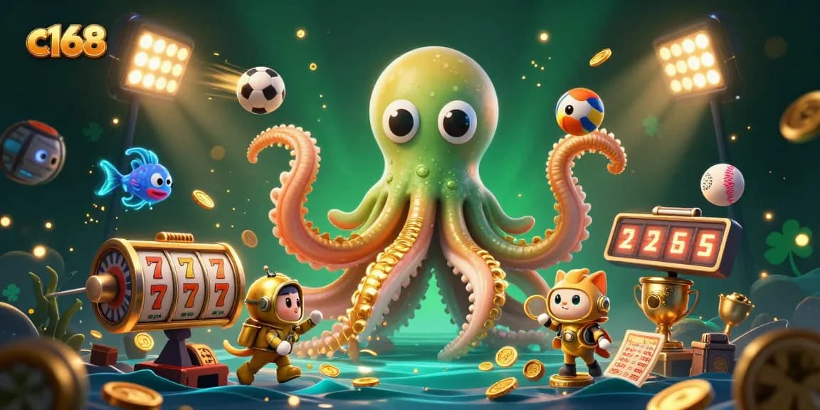 C168 engages players with a thrilling casino adventure featuring a colossal kraken and vibrant slot game excitement.
