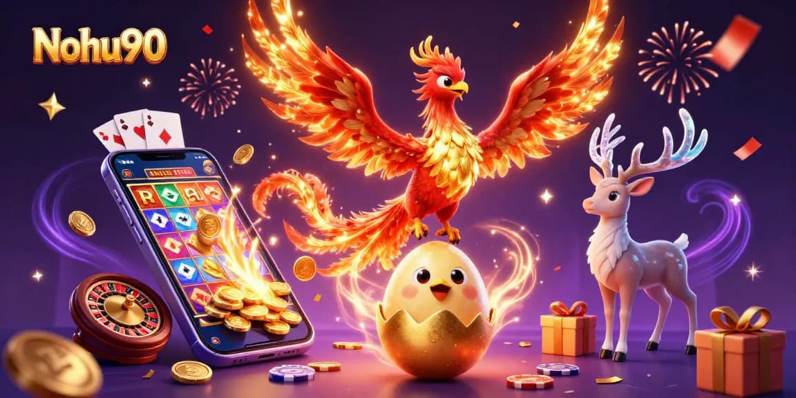 Nohu90 excites players with a vibrant 3D casino scene showcasing a fire phoenix and dynamic gaming elements.