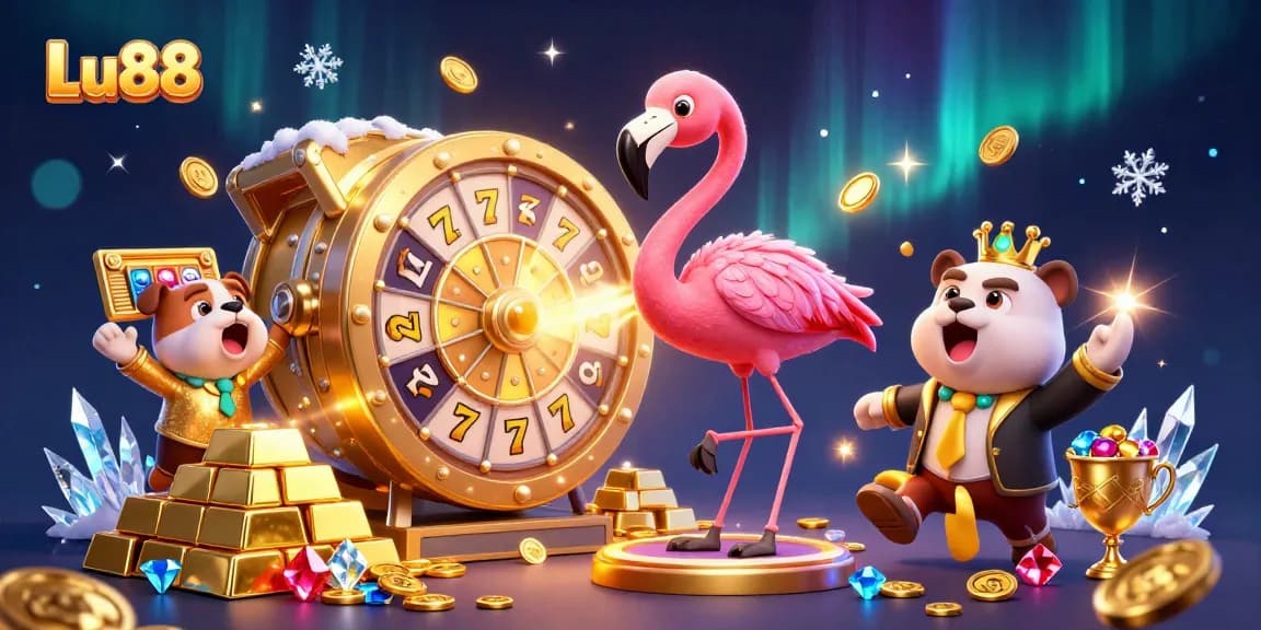 Spin the exciting Lu88 prize wheel with vibrant jewels, slot reels, and animated characters.