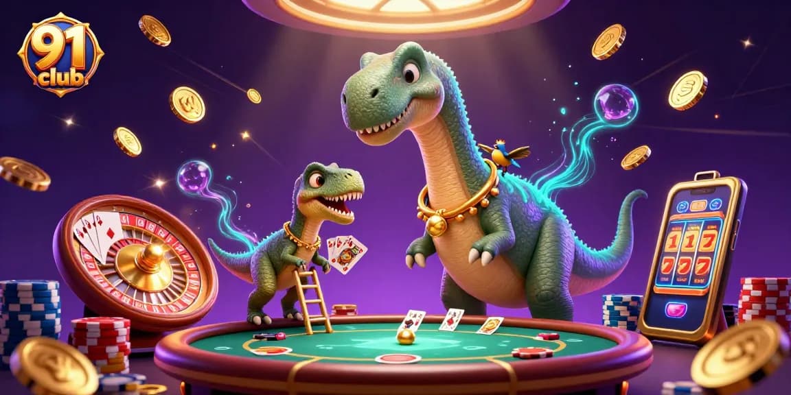 Score big with the 91 club as a towering brontosaurus watches over a vibrant casino scene filled with action.