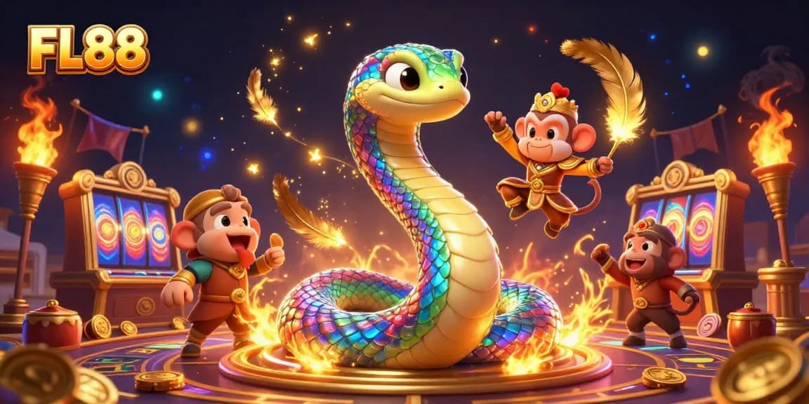 Engage with FL88's enchanting casino world featuring a vibrant rainbow serpent and golden monkey king.