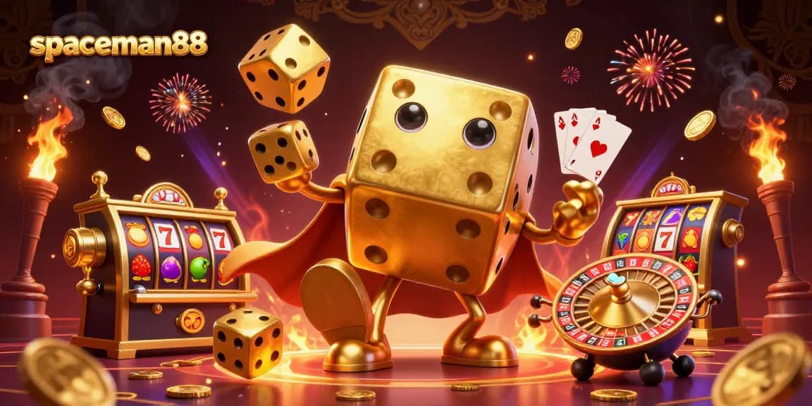 spaceman88 captures the excitement of slot games with dynamic golden dice and vibrant casino elements