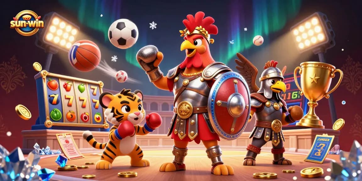 Engage with the exciting sun-win casino scene featuring a gladiator rooster and dynamic game elements.