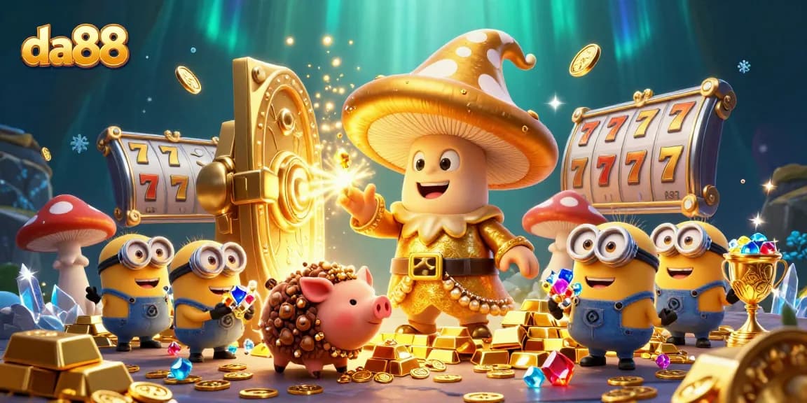 Experience the magic of da88 with a golden wizard and treasures in a vibrant casino scene.