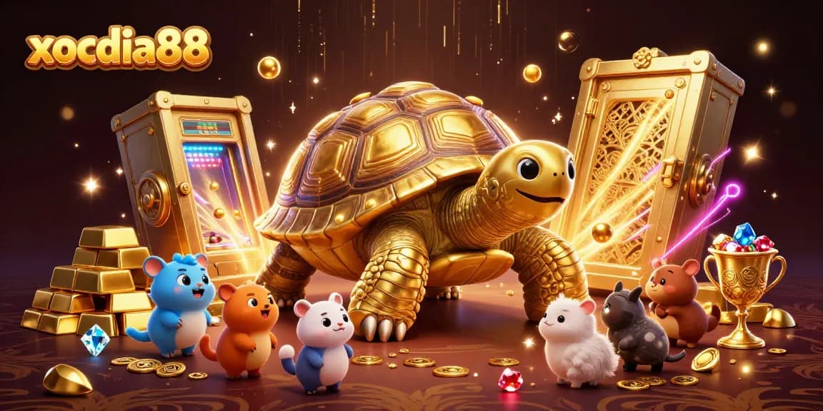 xocdia88 offers a vibrant 3D casino scene featuring a golden tortoise pinball machine and gleaming treasures.