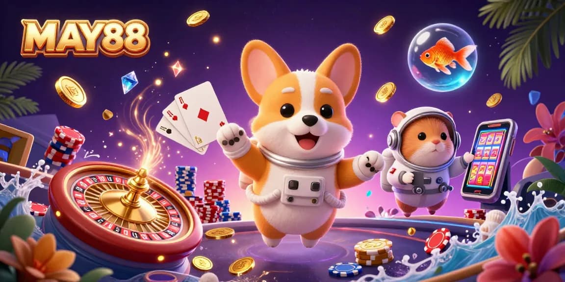 MAY88 offers an exciting casino experience with vibrant slots and games, showcasing dynamic characters.