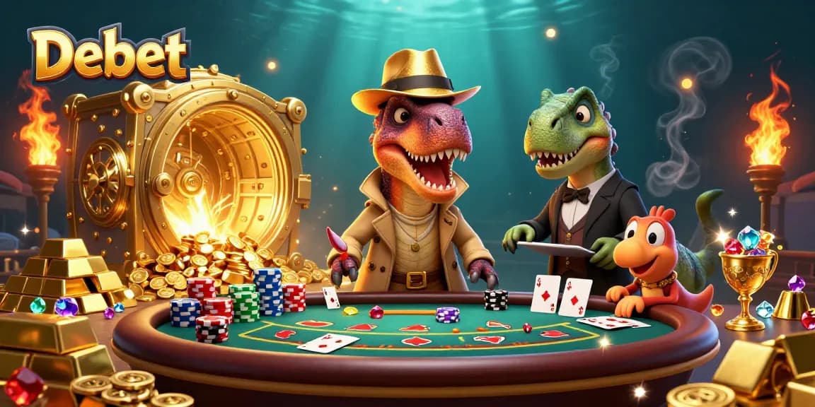 Debet's vibrant casino scene features a velociraptor card counter, a stegosaurus pit boss, and a compy pickpocket.
