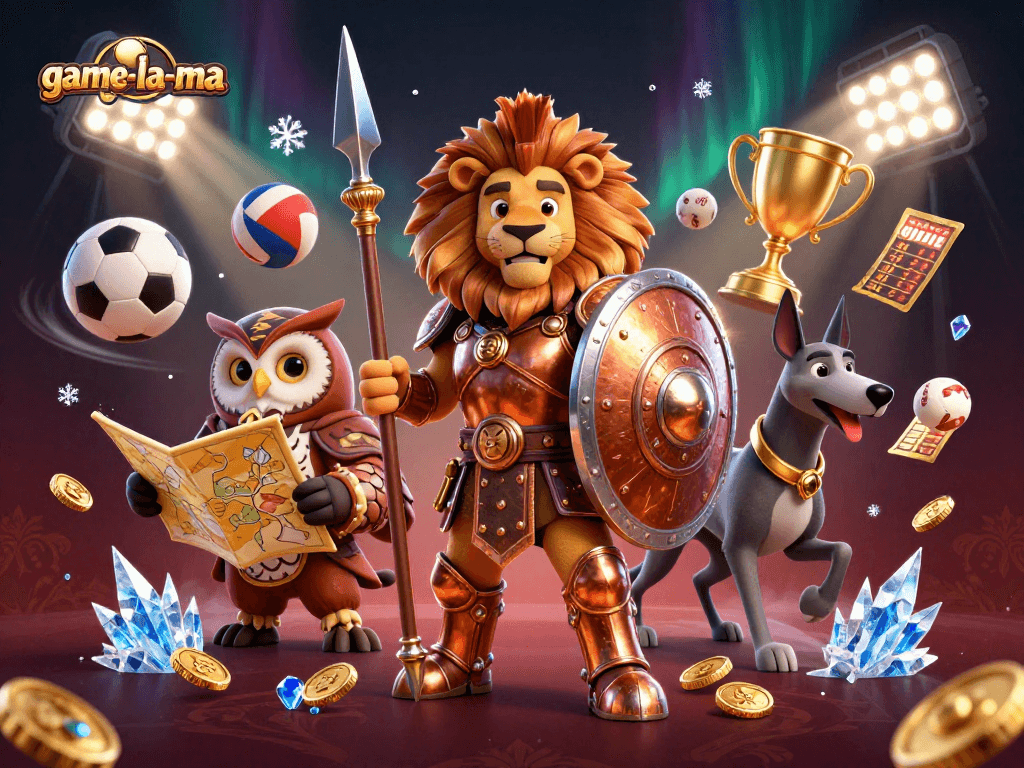 Bet on game-la-ma with an epic 3D scene of a Spartan lion and sports elements.