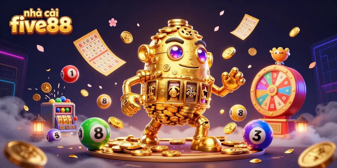 Experience the excitement of nhà cái five88 with this vibrant 3D illustration of dynamic casino elements.