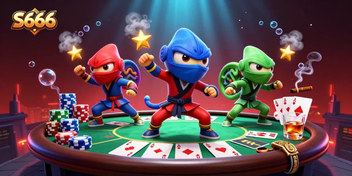 S666 players engaging in an exciting poker match, surrounded by vibrant casino elements