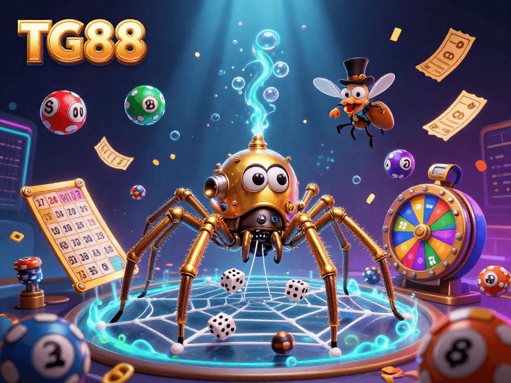 Catch unlucky dice in the golden web of TG88's steampunk spider, a vibrant casino illustration.
