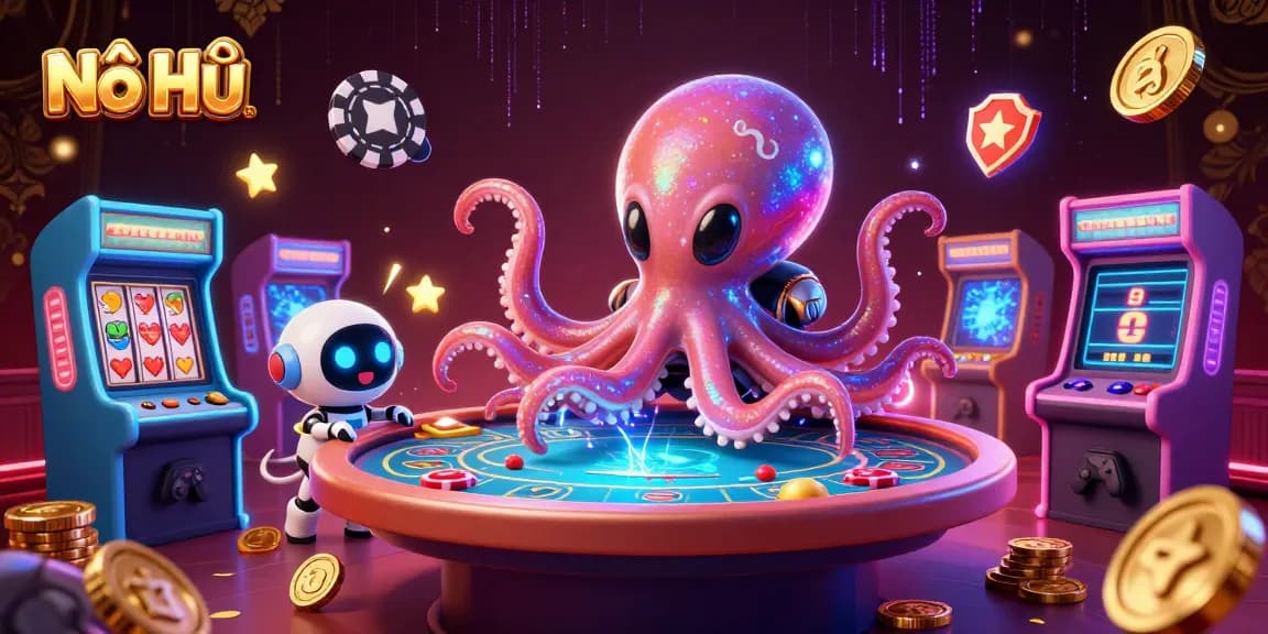 Experience the excitement of Nổ Hũ with a vibrant scene featuring an alien octopus and casino elements.