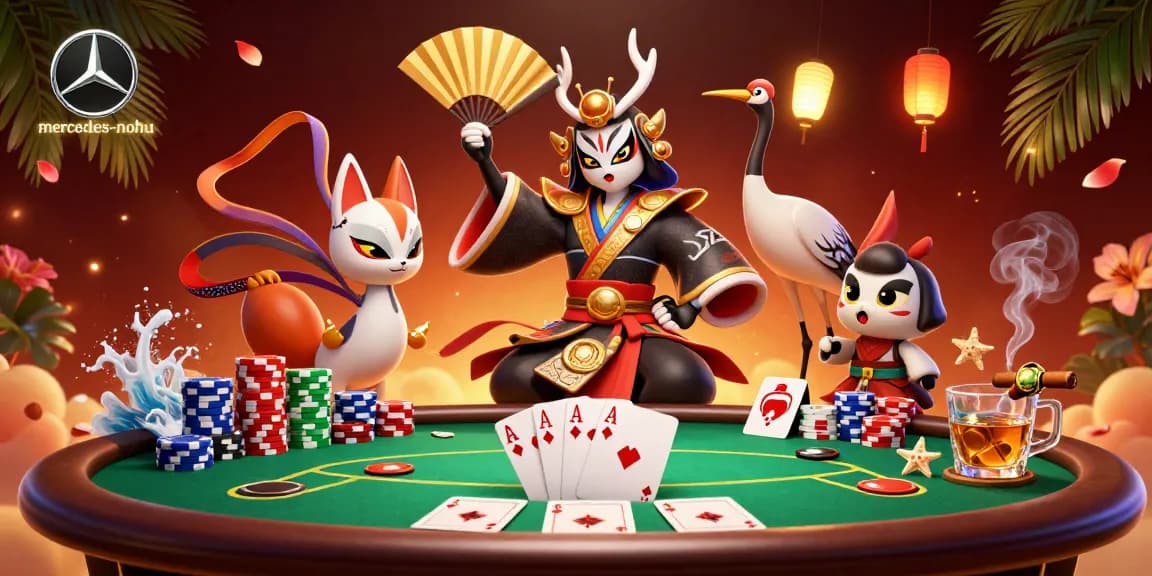 Experience thrilling poker action at mercedes-nohu with energetic kabuki characters amid colorful chips and cards.