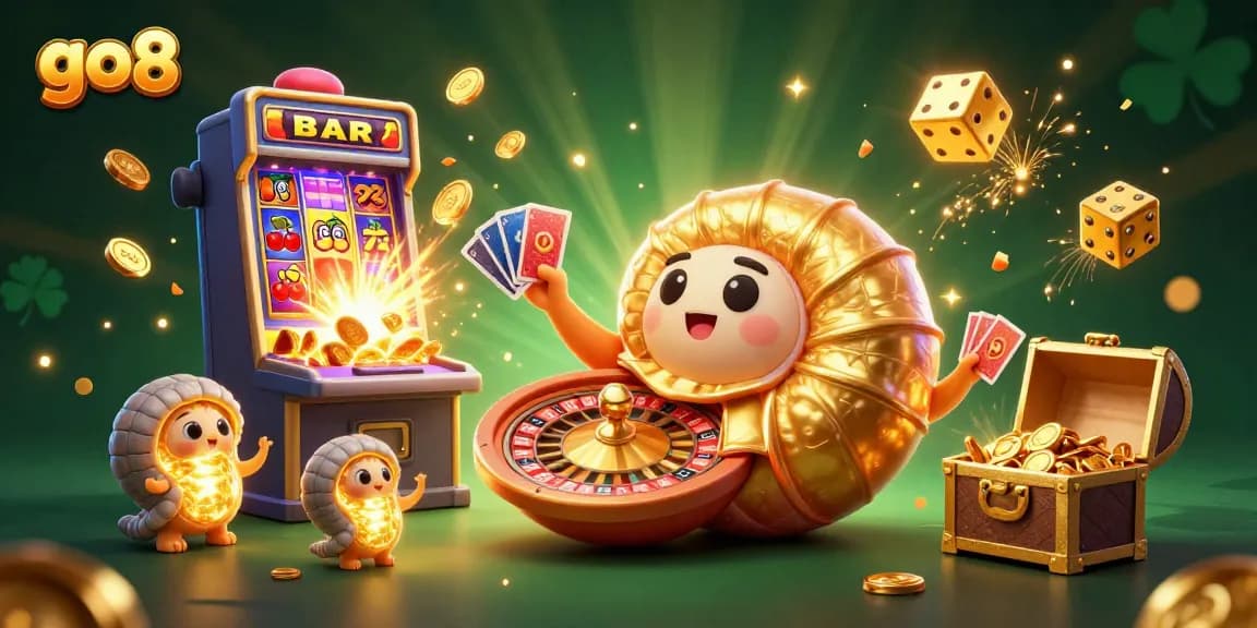 Engage in thrilling slots and jackpots at go8 with vibrant 3D elements and colorful casino action.