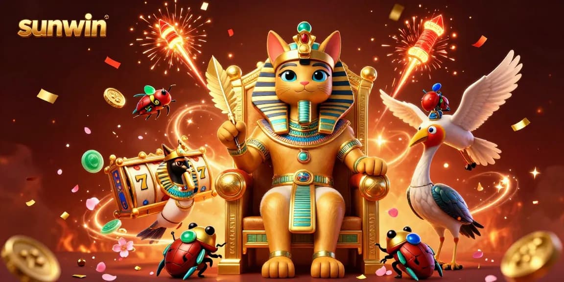 Experience the thrilling games at sunwin with a vibrant scene of casino excitement featuring a pharaoh cat, slot reels, and rich decorations.