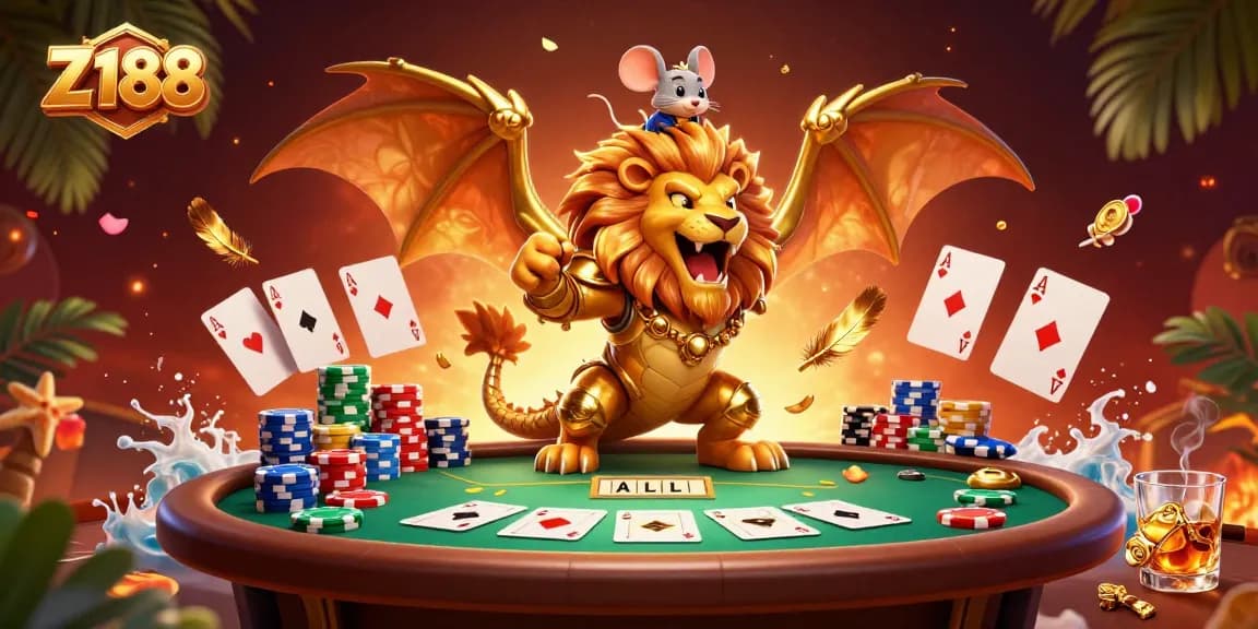 Z188 offers a thrilling gaming experience with a golden chimera and poker elements in action.