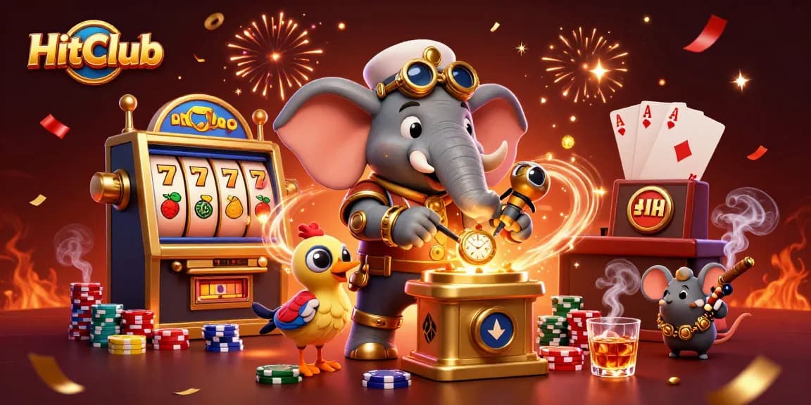 HitClub's engaging gaming atmosphere features a bustling slot machine with lucky 7s and vibrant characters celebrating.