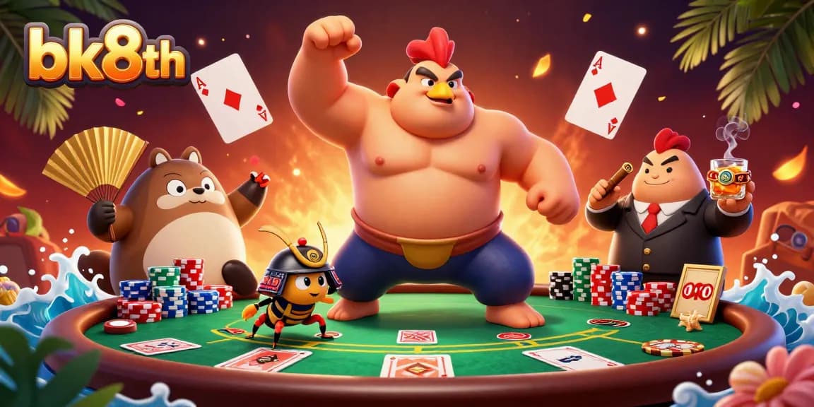 bk8th captures a dynamic poker scene with an enormous sumo rooster and fierce cricket in action.