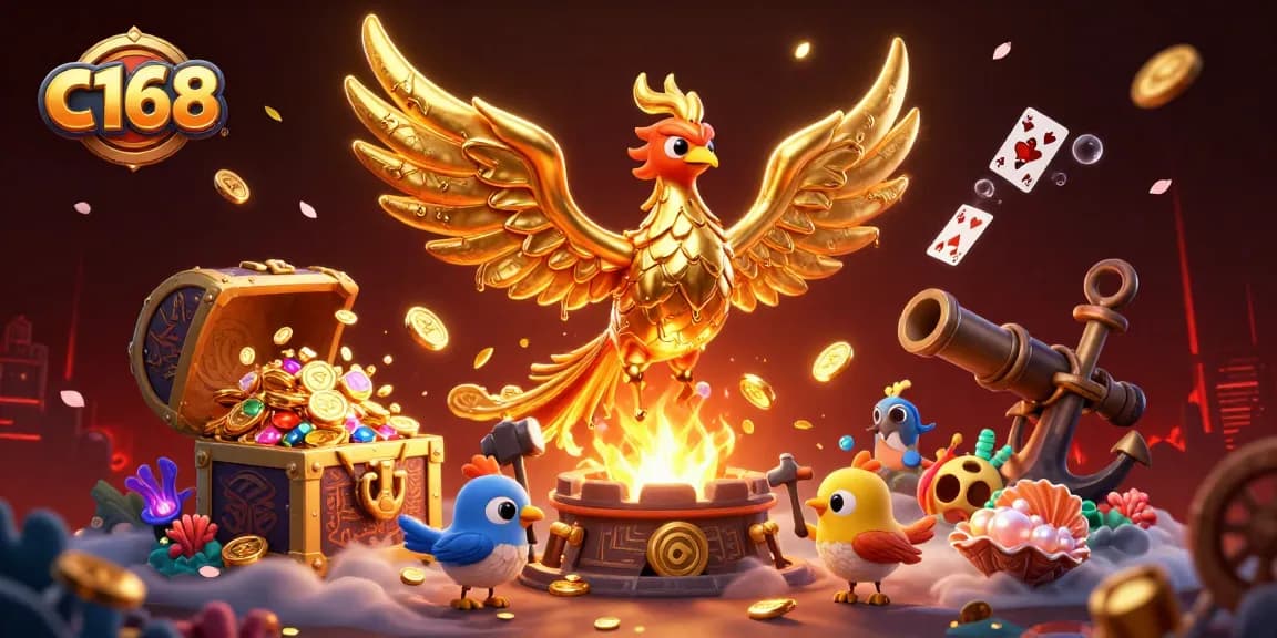 C168 players experience riches as molten golden phoenix showers coins amidst vibrant gaming elements.