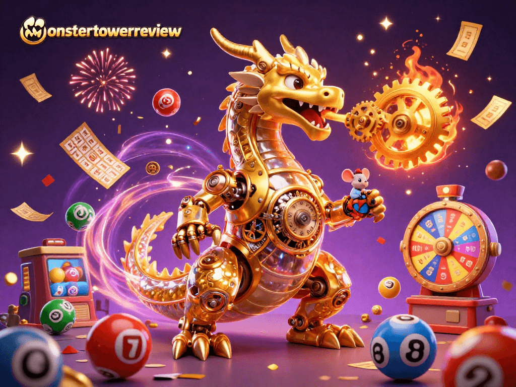 Engage in thrilling gaming with monstertowerreview's golden dragon unleashing a spectacular lottery scene.
